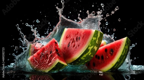  a slice of watermelon being dropped into the water with a splash of water on the top of it.