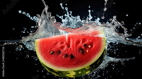  a slice of watermelon falling into the water with a splash of water on the top of the slice.