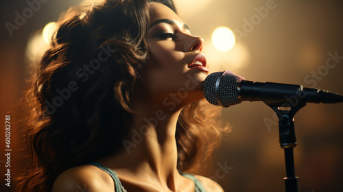 Side view of female singer singing into microphone.