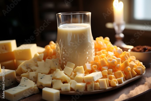 Glass of tasty milk and different types of cheese on table, closeup photo