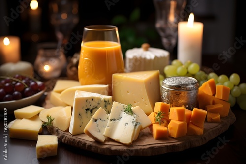 Cheese platter with grapes and glass of fresh orange juice.