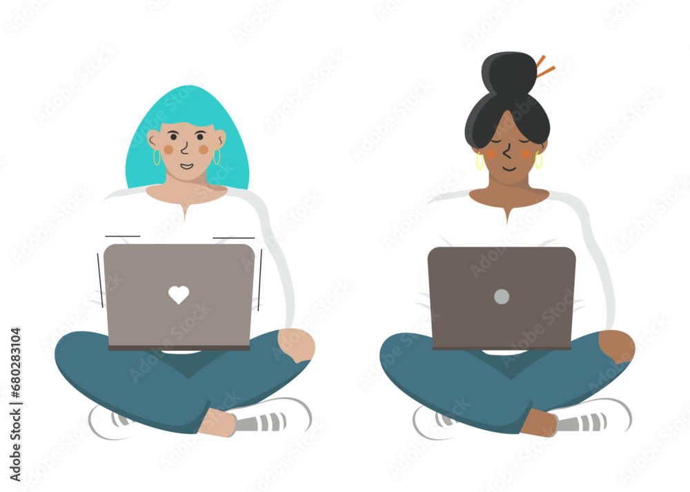 Student girl with a laptop, flat character of a person studying. Student girl with a laptop, flat character of a person studying.