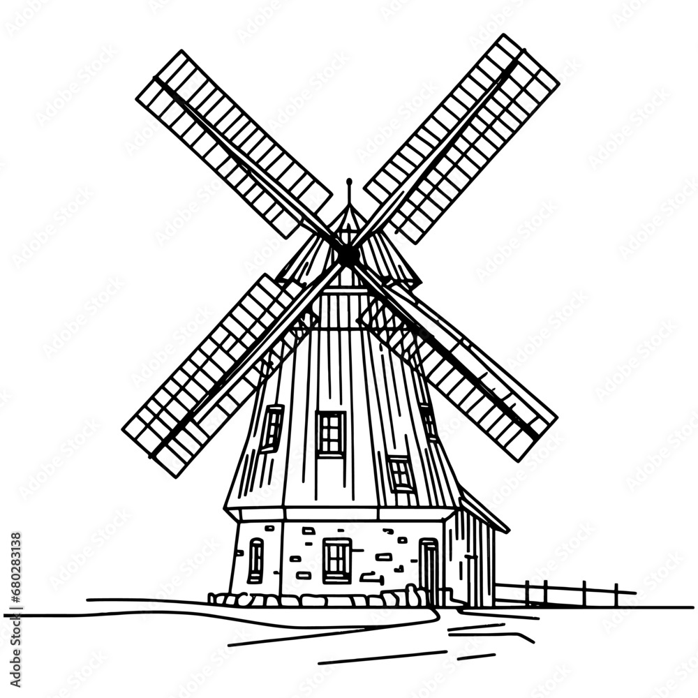 Old windmill and field with haystacks Hand-drawn sketch of a windmill with a transparent background vector illustration