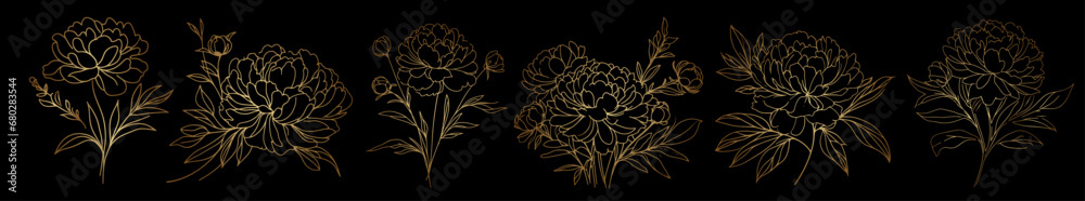 Peony flowers sketch minimalist golden elegant line. Wildflowers for background. Abstract botanical art. Simple minimalistic art set. Continuous drawing of lines. - obrazy, fototapety, plakaty 