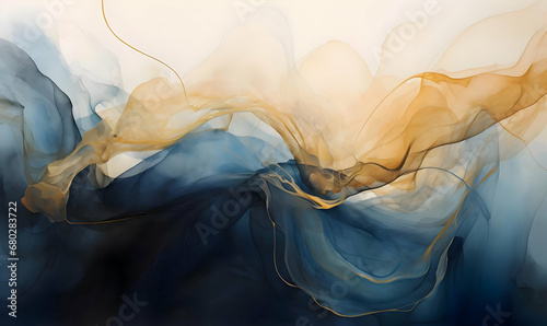 A brush work painting with blue streaks and gold leaf. High-resolution