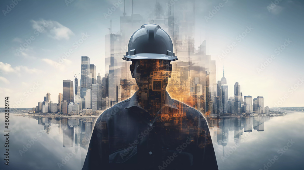 Double exposure of Engineer against cityscape