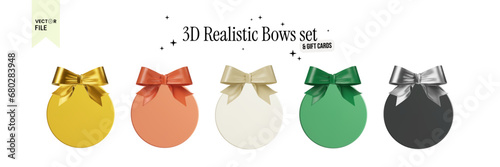 Vector illustration - Set of shiny satin bows with blank round gift cards or  gift voucher of different colors, illustrated in a realistic 3D style. 