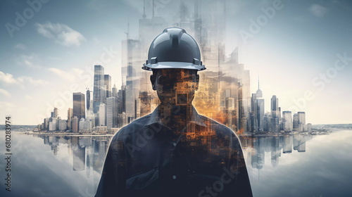 Double exposure of Engineer against cityscape © Johannes