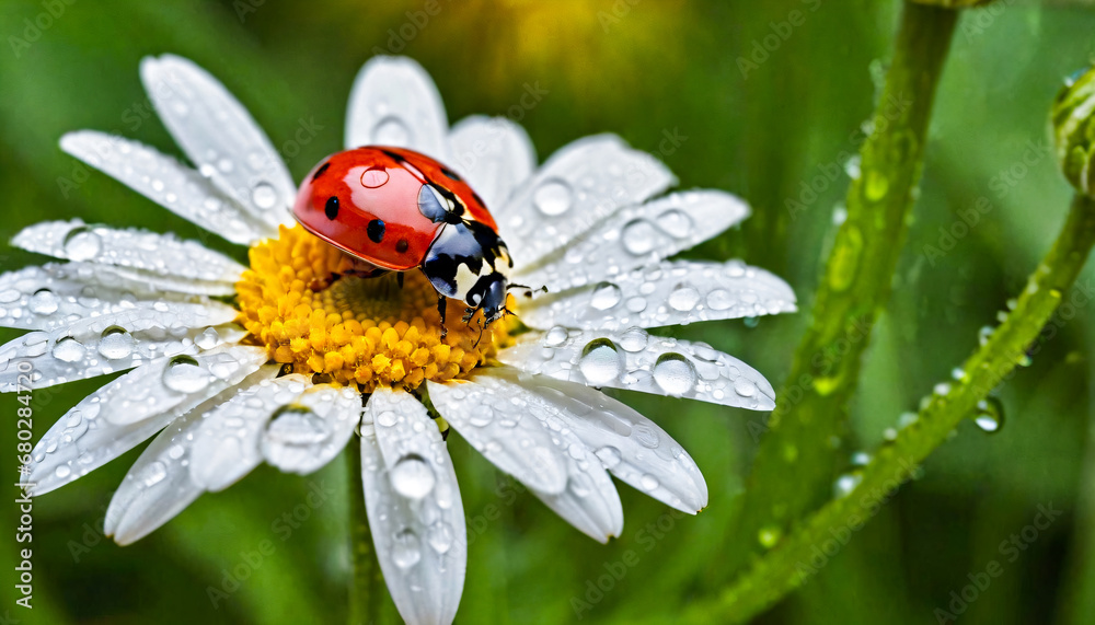 Ladybug on camomile with dew drops on petals Ladybug on camomile with dew drops on petals