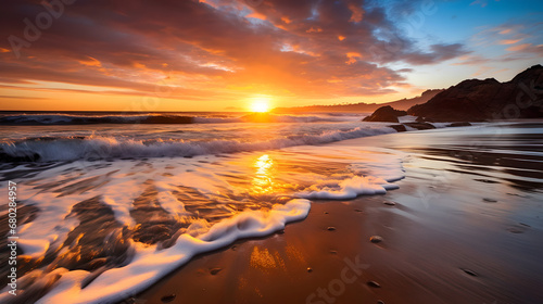 Sunset on the beach: calm waves on the shores of the coast - created with generative AI