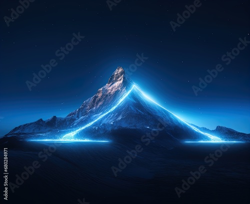 Enchanting blue mountain peak with a mystical light beam piercing the night sky.