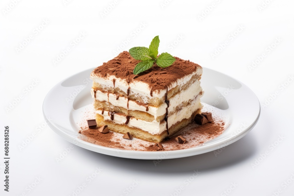 Tasty homemade tiramisu cake, isolated on white background
