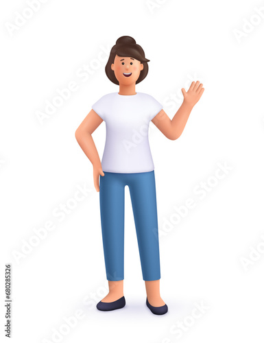 Young smiling woman standing with greeting gesture and with hands on her hips. 3d vector people character illustration. Cartoon minimal style.