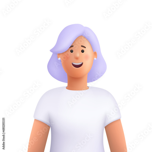 Young smiling woman avatar with purple hair. 3d vector people character illustration. Cartoon minimal style.