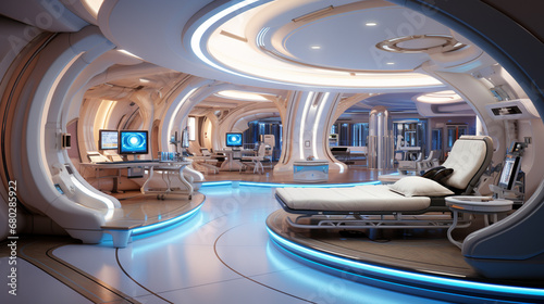 Medical technology with robotic assisted surgery in operating room with treatment beds. Sci fi futuristic interior, various healthcare equipment and medicines.. AI Generative © Elena