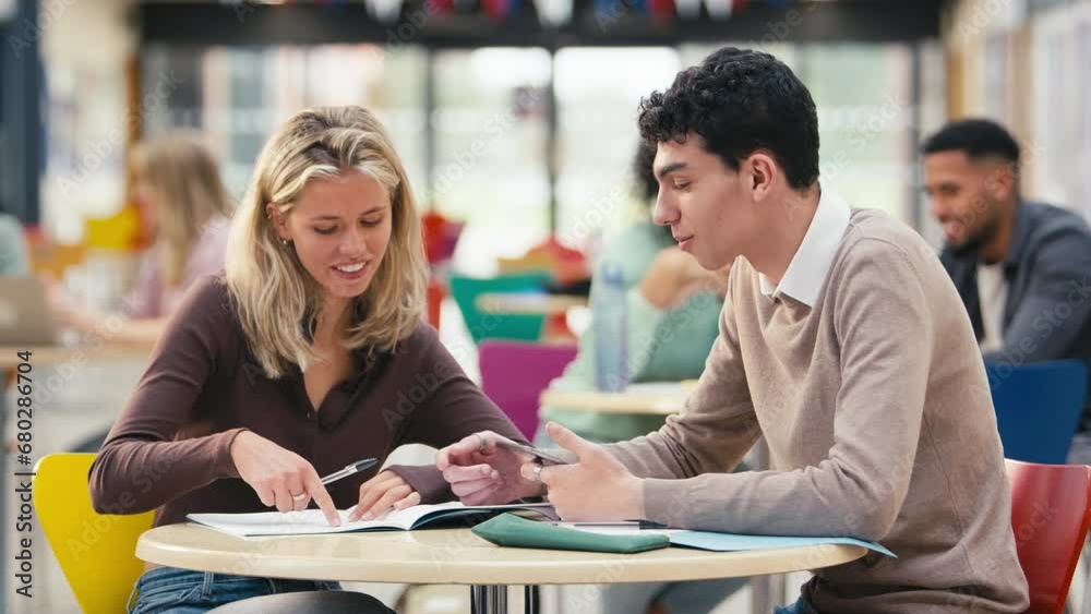 Two smiling college or university students working together in study area - shot in slow motion Two smiling college or university students working together in study area - shot in slow motion