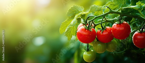 In the lush green garden, against a vibrant summer background, a healthy tomato plant thrived, showcasing the successful growth of a nutritious vegetable, reflecting the wholesome benefits of nature photo