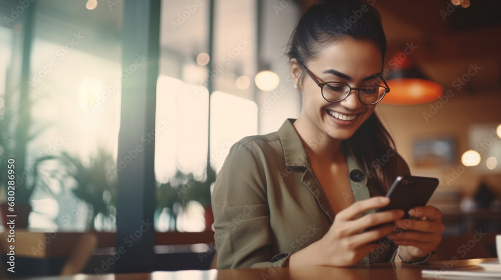 Fototapeta premium Smiling woman with glasses using smartphone in a cafe