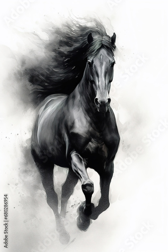 Gorgeous black horse galloping on white background