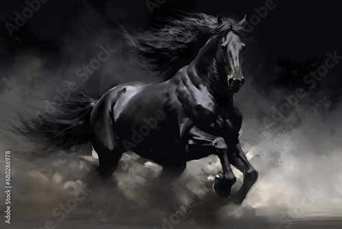 Gorgeous black horse galloping in the clouds of dust on black background