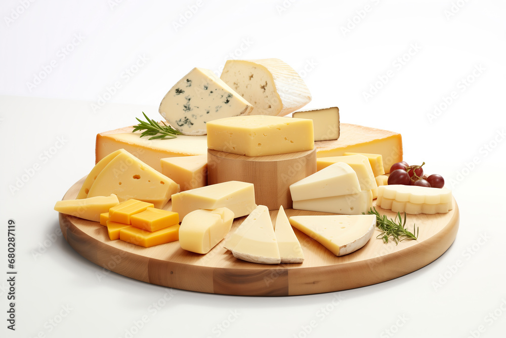 A heap of various cheese on wooden board, isolated on white background, beautiful photorealistic illustration
