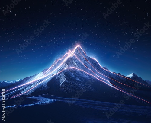 Enchanting blue mountain peak with a mystical light beam piercing the night sky.