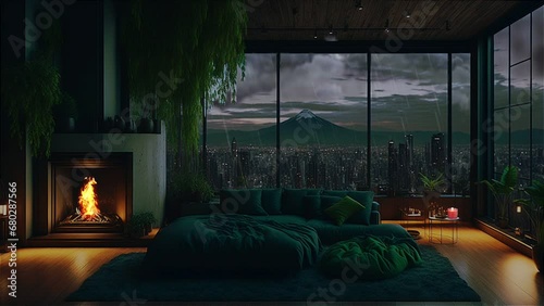 Cozy green room with a fireplace in the middle of a storm with a view of Mt.Fuji.