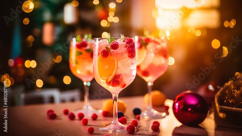 Homemade glasses of boozy refreshing Christmas cranberry punch with champagne on blurred lights background. Generative AI Illustration