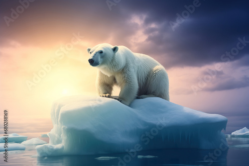 White polar bear on the ice floe at sunset