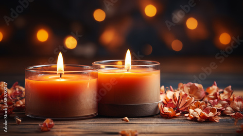 burning burning candle on wooden table  closeup. space for text