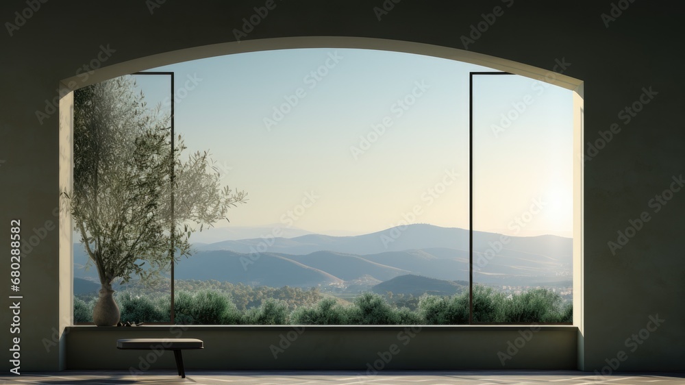 A arched window overlooking the mountain area, in the style of realistic landscapes with soft, tonal colors, italian landscapes, mediterranean, generative AI