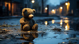 teddy bear on the street after the rain