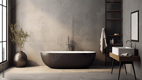Skandinavian bathroom, 3d modern contemporary bathtub, lighting, minimalistic, generative AI