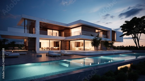 modern villa by evening with pool in spa, in the style of ray tracing, dark white and light brown, silhouette lighting, minimalism, generative AI © XiaoYu