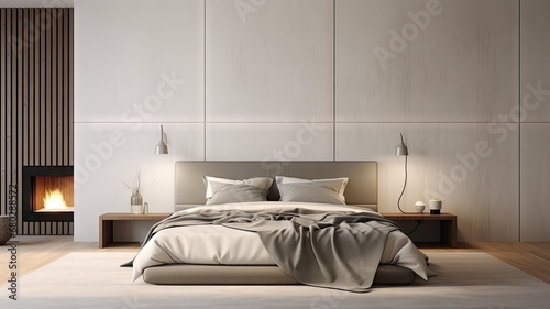 Minimalistic bedroom, kingsize room, skandinavian style, lamp, hotelroom, appartment, wood, contemporary, luxe, rich, generative AI photo