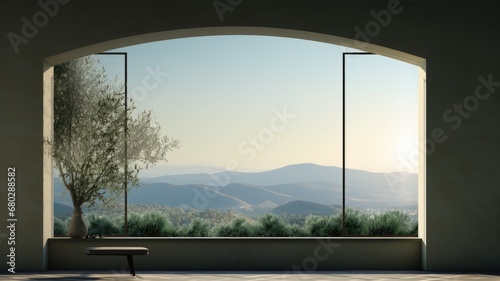 A arched window overlooking the mountain area  in the style of realistic landscapes with soft  tonal colors  italian landscapes  mediterranean  generative AI
