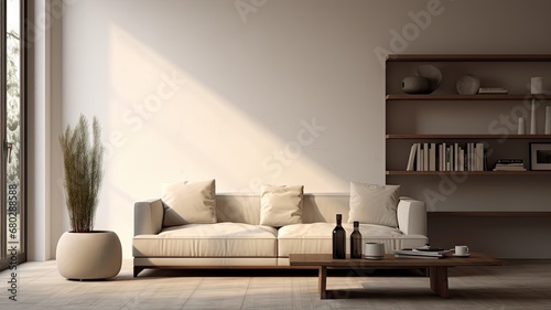 A minimalistic living room with design furniture, sofa, bookshelf, contemporary, decoration, comfortable, skandinavian photo