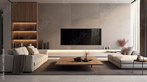 A minimalistic living room with design furniture, sofa, bookshelf, contemporary, decoration, comfortable, flatscreen  © XiaoYu
