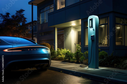 Electric car parked in front of a home building to charging station.