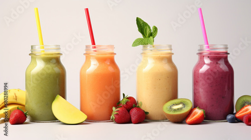 Collage of delicious fruit smoothie drink. decorative with mint leaves. water melom  banana  strawberry  coconut  mango  almonds