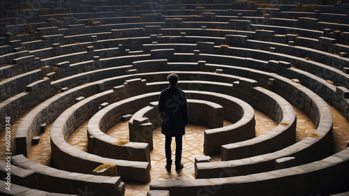 A man in a surreal labyrinth in search of a way out, a solution to a complex life problem