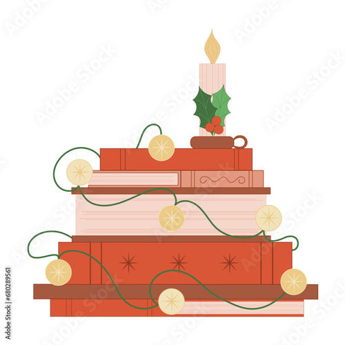 Pile of books with candle and garland