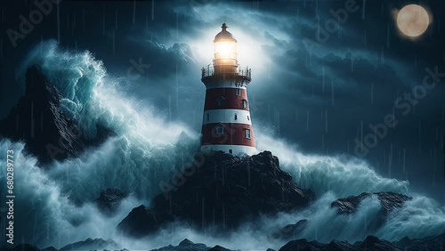 Lighthouse in the middle of a storm sea at night. photo