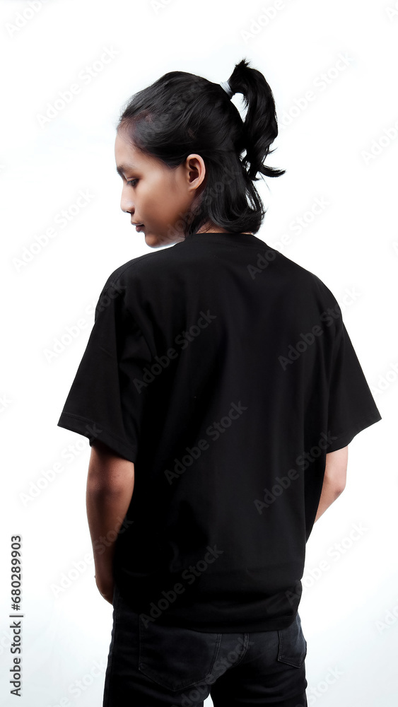 Clothing model. Young Asian man with long curly hair close up shot isolated on white. Asian young man wearing plain black t-shirt isolated on white background. As if he were modeling a plain t-shirt. Clothing model. Young Asian man with long curly hair close up shot isolated on white. Asian young man wearing plain black t-shirt isolated on white background. As if he were modeling a plain t-shirt.