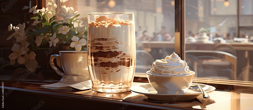 At the cozy cafe, a customer enjoys a delightful breakfast consisting of a creamy cappuccino, a sumptuous chocolate dessert, and a glass of cold milk, while admiring the white cloth draped over the