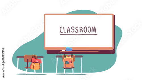 School classroom interior with class furniture set