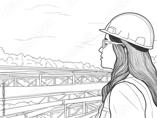 A Woman Wearing A Hard Hat And Glasses Looking At A Bridge - Civil female engineer at the construction site black
