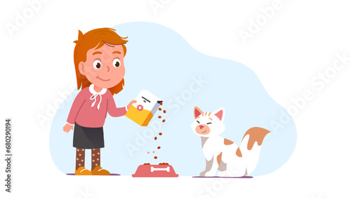 Smiling girl kid feeding her cat pet filling bowl