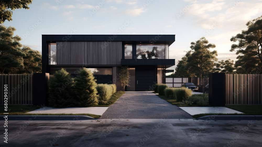 Luxury new private house. Scandinavian style. Grey and wooden exterior. Contemporary black metal cladding facade