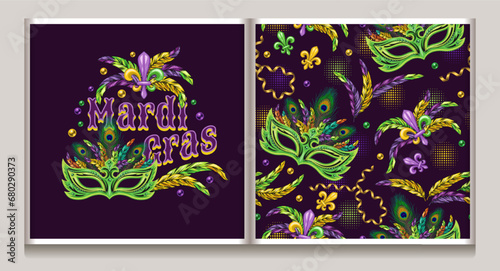 Carnival Mardi Gras pattern, label with fleur de lis symbol, feathers, carnival mask, scattered beads, text. For prints, clothing, t shirt, surface design. Vintage illustration. Not AI